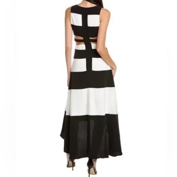 GRACIA Cutout Maxi Dress Bold Stripe Hi-Low Hem B&W Sz Large Gown Mod Minimalist - Picture 7 of 16